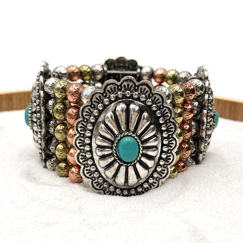 Metal Concho Turquoise Western Native Chunky Stretch Bracelet