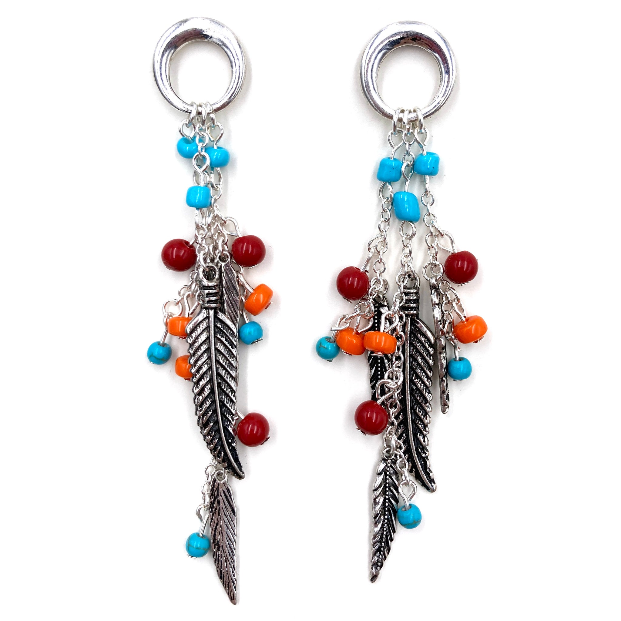 Feather Multi Beads Western Tassel Chain Dangle Earrings