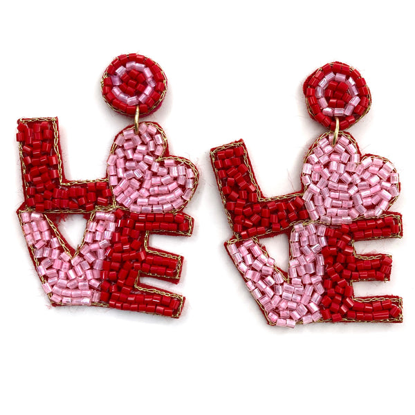 Love Valentine Heart Seed Bead Post Dangle Earrings