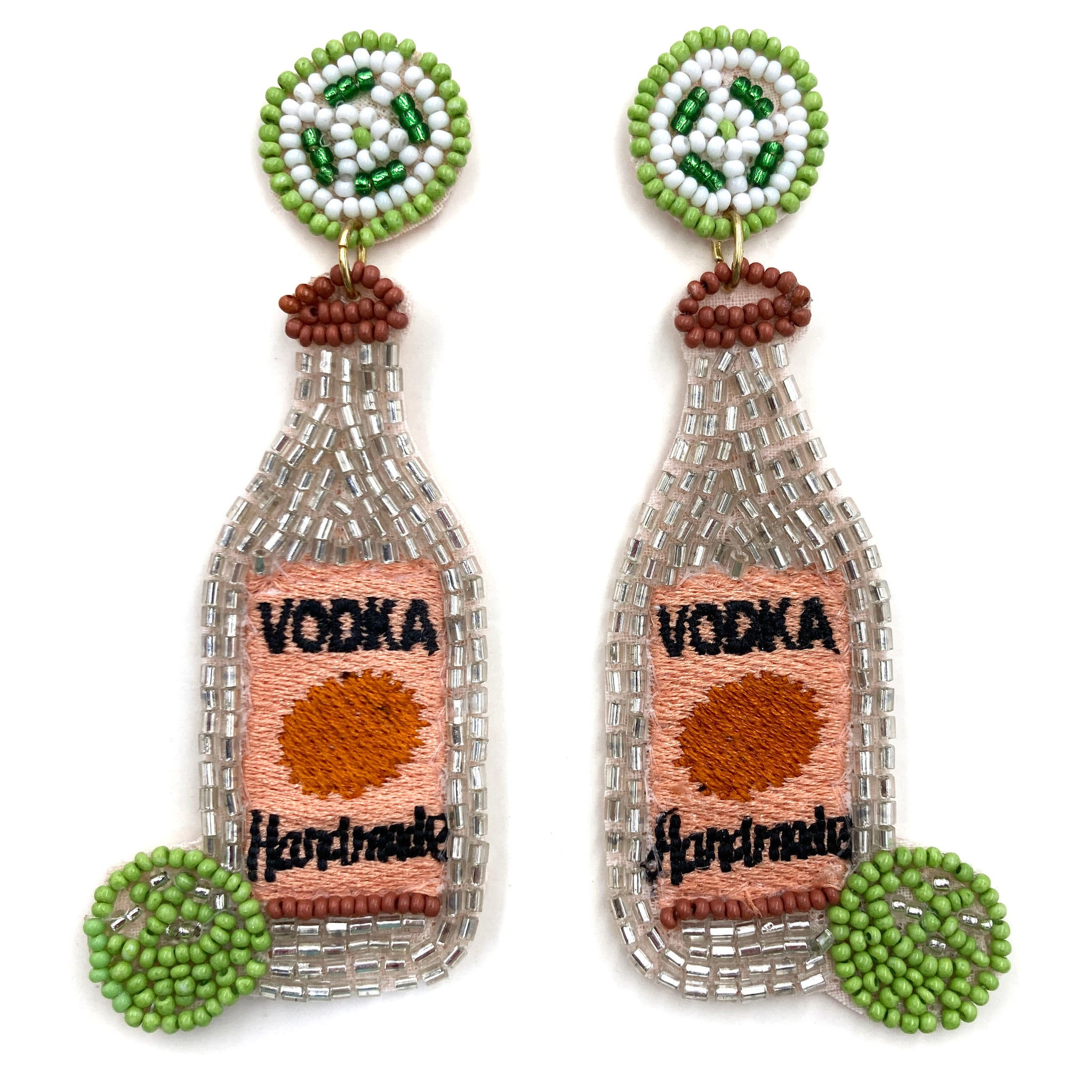 Vodka Liquor Bottle Lime Seed Bead Post Dangle Earrings