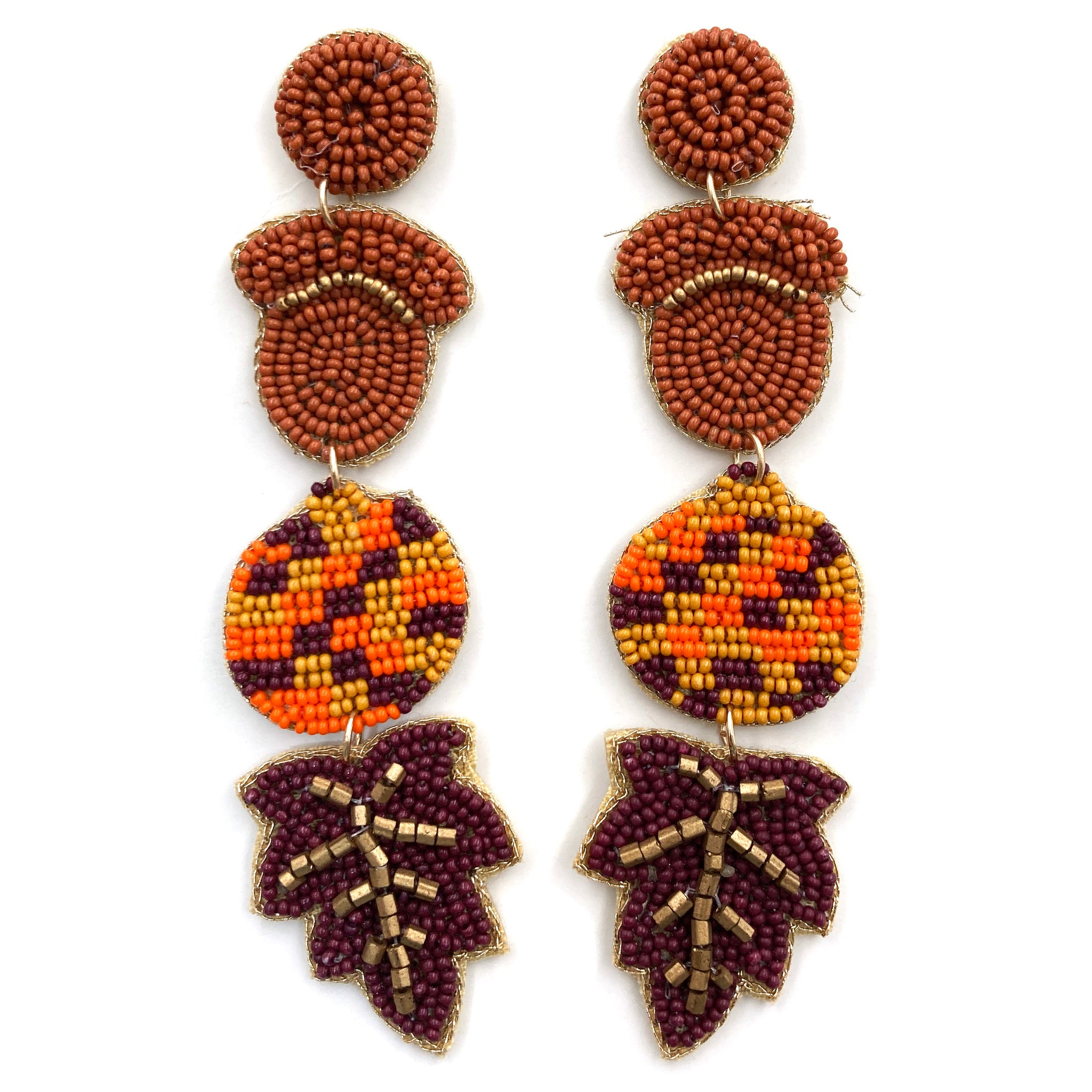 Autumn Brown Acorn Feather Seed Bead Post Dangle Earrings