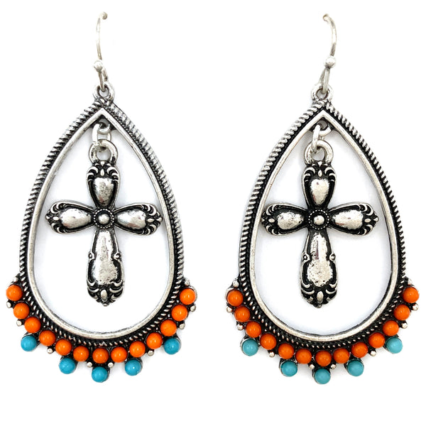 Cross In Teardrop Cut Out Western Navajo Dangle Earrings