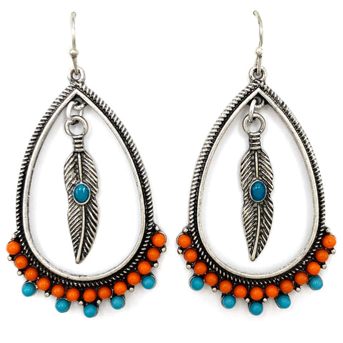 Feather In Teardrop Cut Out Western Navajo Dangle Earrings