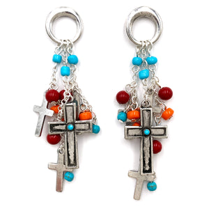 Cross Multi Beads Western Tassel Chain Dangle Earrings