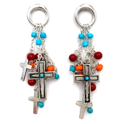 Cross Multi Beads Western Tassel Chain Dangle Earrings