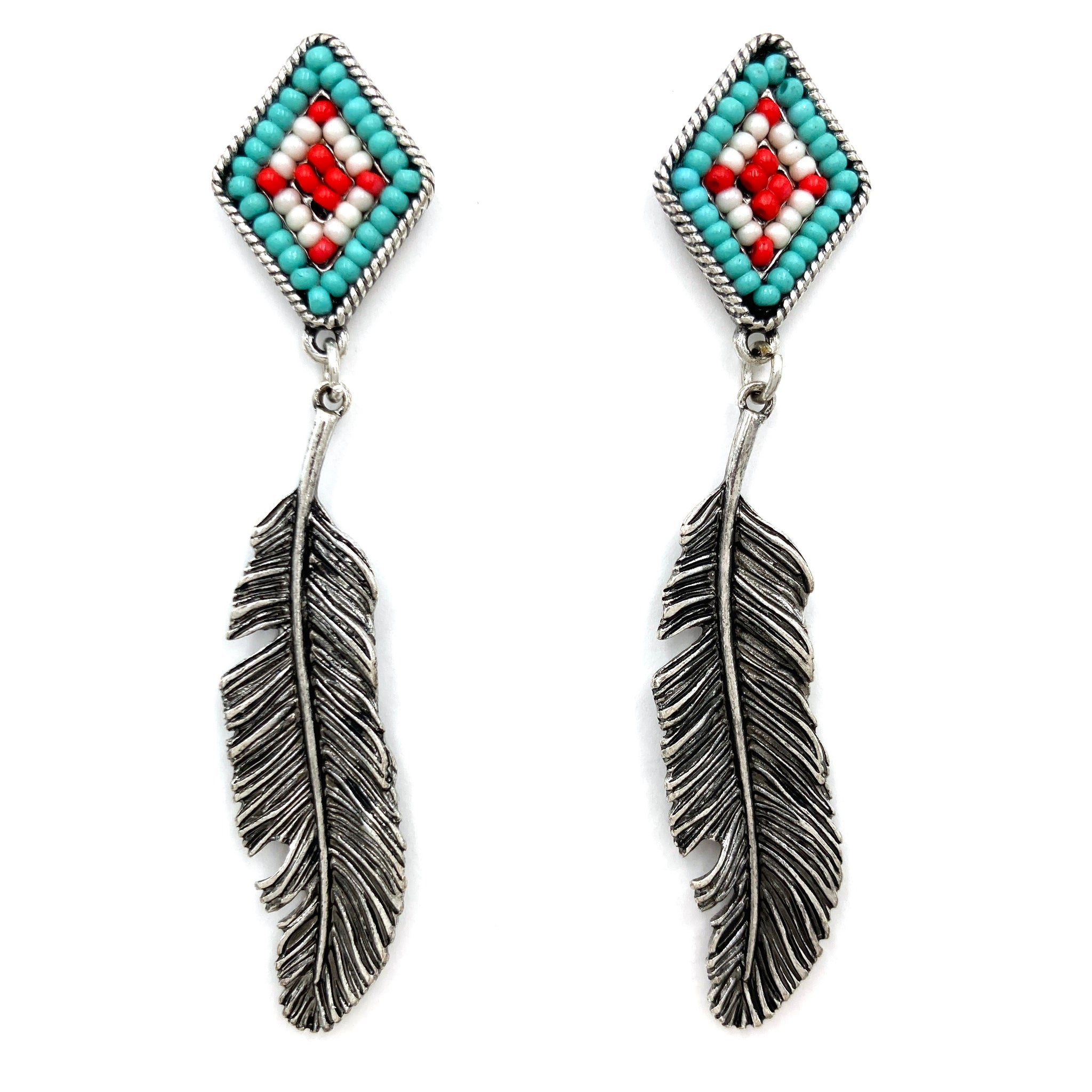 Feather Diamond Stud Navajo Beads Dangle Earrings