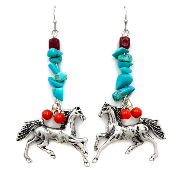 Horse Turquoise Stone Multi Bead Western Dangle Earrings