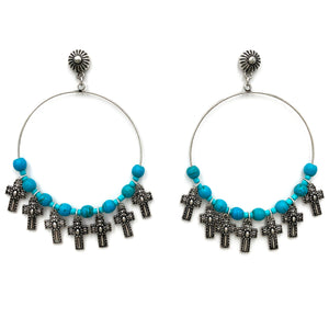 Cross Charms Turquoise Beads Hoop Stud Earrings