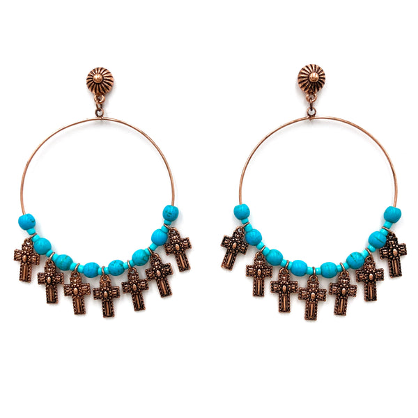 Cross Charms Turquoise Beads Hoop Stud Earrings