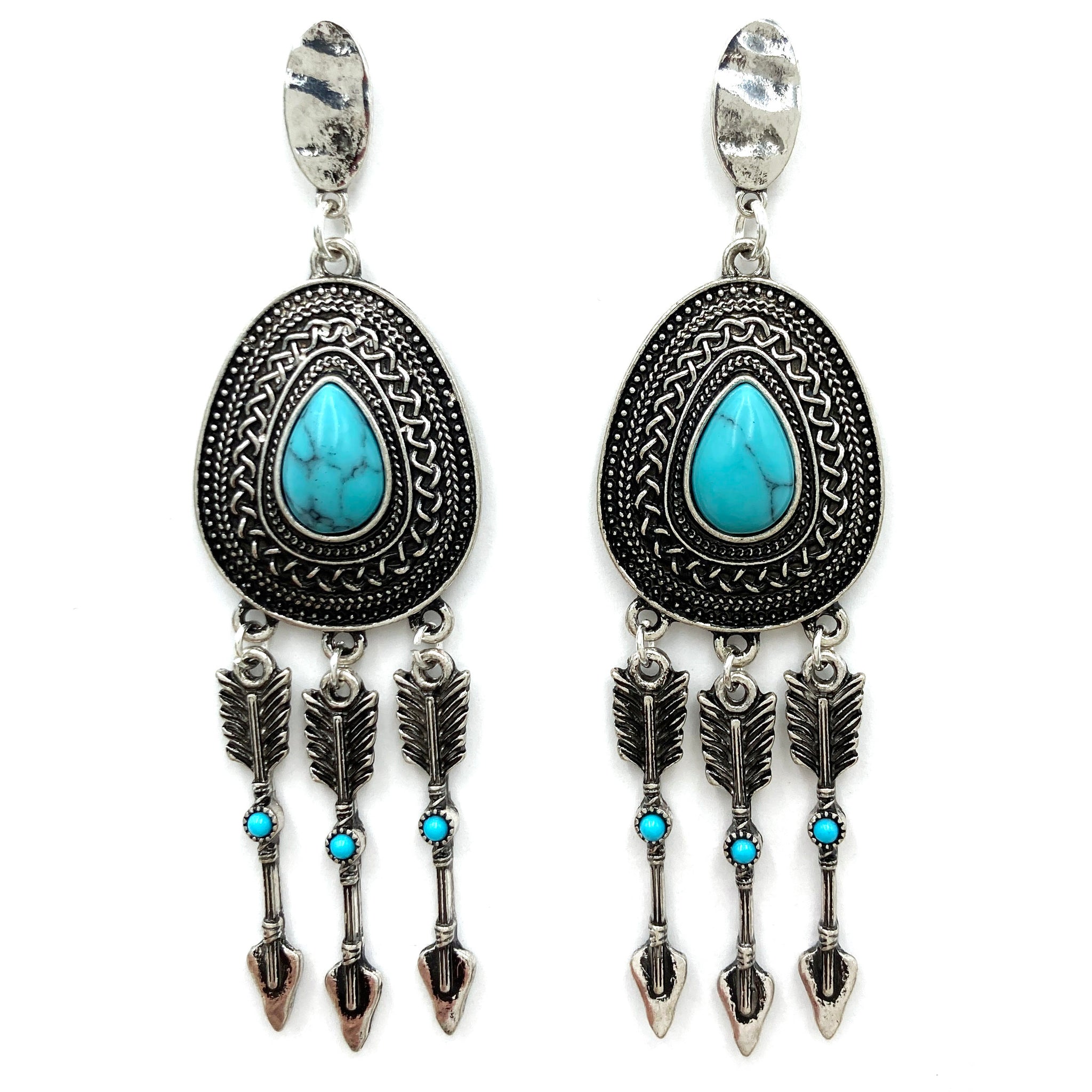 Turquoise Stone Three Arrow Charms Native Western Dangle Earrings