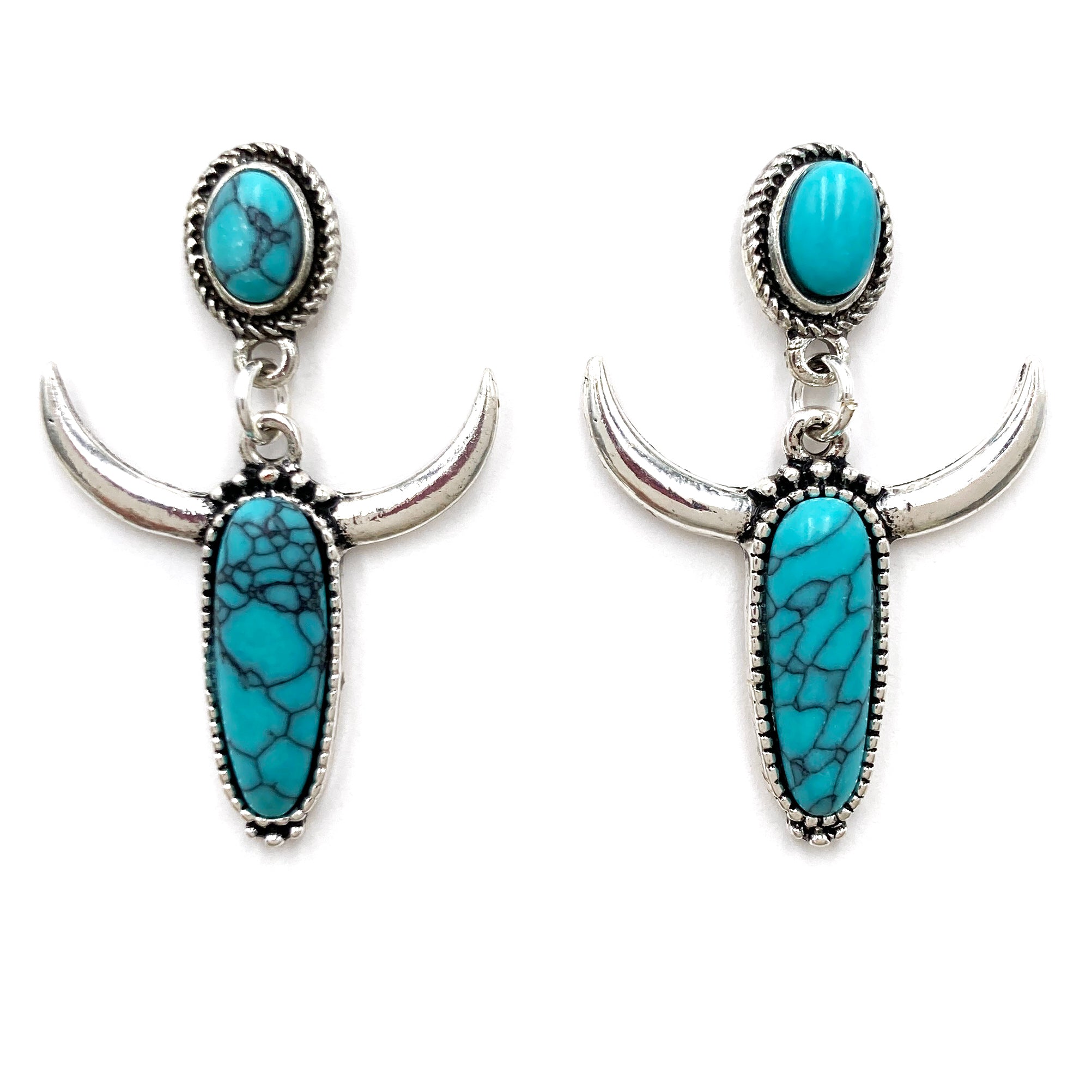 Longhorn Skull Turquoise Stone Western Dangle Earrings