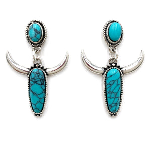 Longhorn Skull Turquoise Stone Western Dangle Earrings