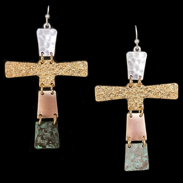 Cross Metal Hammered Linked Pieces Dangle Earrings