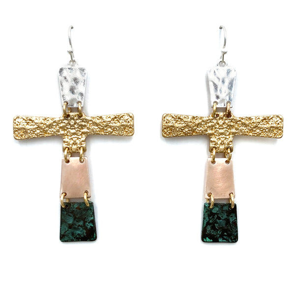 Cross Metal Hammered Linked Pieces Dangle Earrings