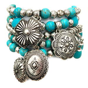 Metal Concho Turquoise Beads Western Chunky Five Piece Stretch Bracelet