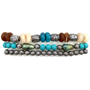 Western Turquoise Beads and Stones Three Piece Stretch Bracelet