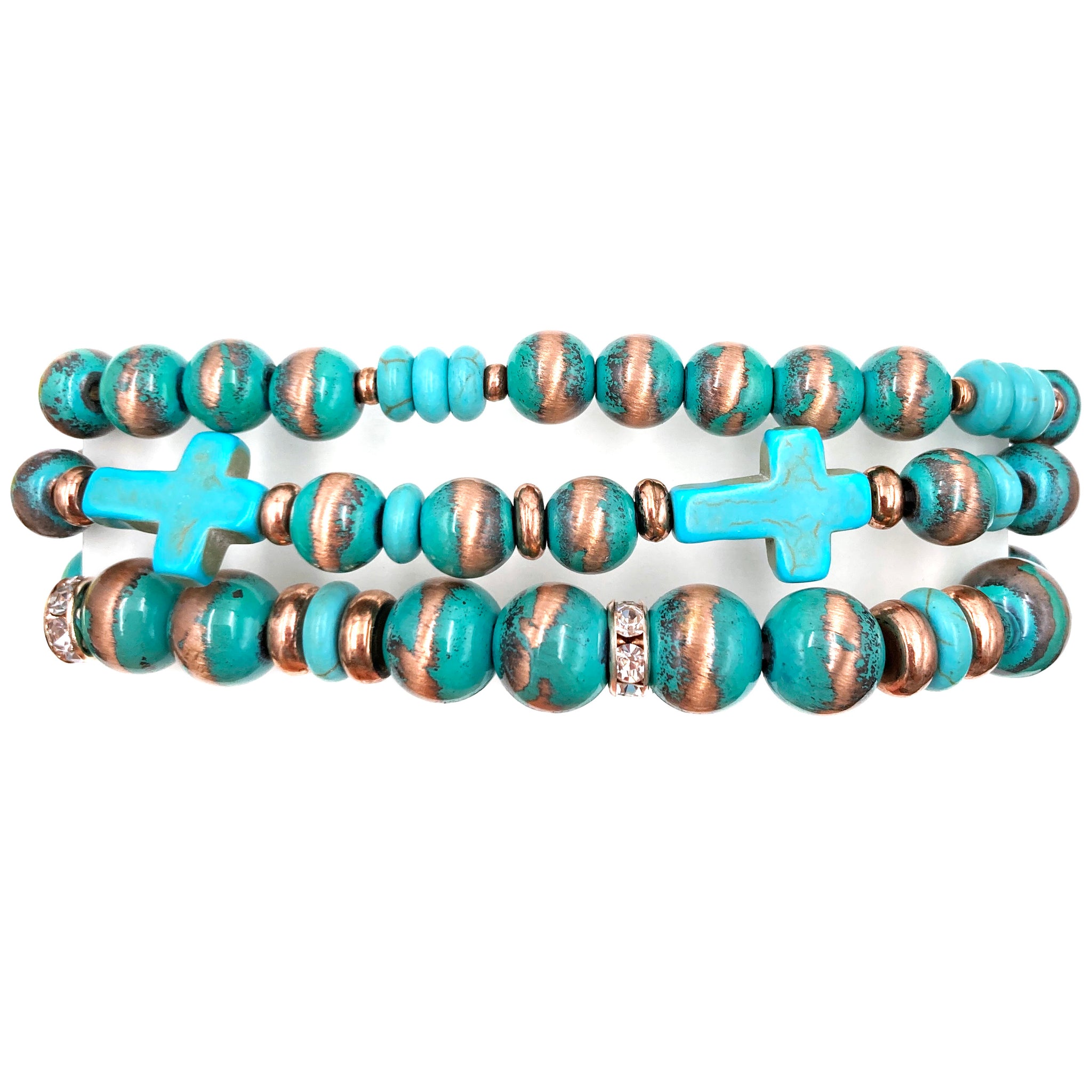 Western Cross Turquoise Copper Beads Three Piece Stretch Bracelet