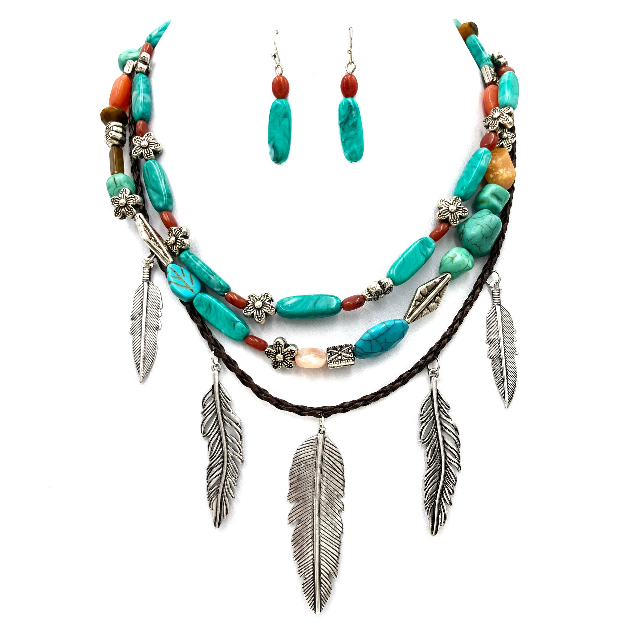 Turquoise Feather Southwestern Boho Multi Necklace Earrings Set