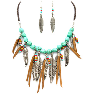 Turquoise Feathers Western Boho Rope Necklace Earrings Set