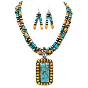 Concho Stone Turquoise Bead Pearl Western Chunky Necklace Earrings Set