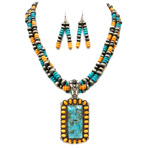 Concho Stone Turquoise Bead Pearl Western Chunky Necklace Earrings Set