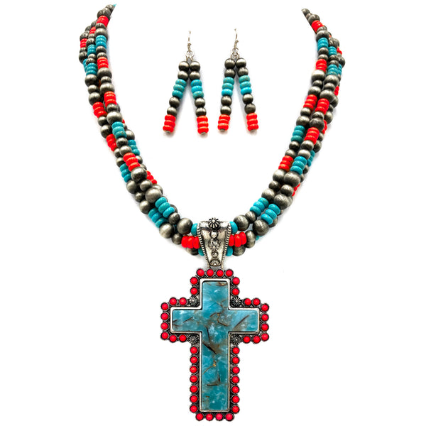 Cross Stone Turquoise Bead Pearl Western Chunky Necklace Earrings Set