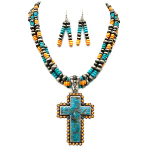 Cross Stone Turquoise Bead Pearl Western Chunky Necklace Earrings Set