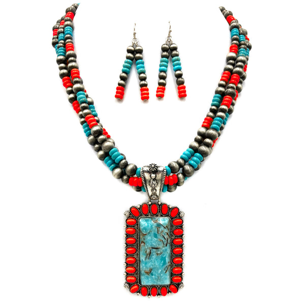 Concho Stone Turquoise Bead Pearl Western Chunky Necklace Earrings Set