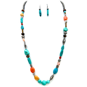 Semi Precious Stone Turquoise Bead Long Necklace Earrings Set