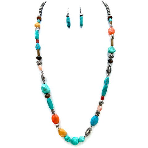 Semi Precious Stone Turquoise Bead Long Necklace Earrings Set