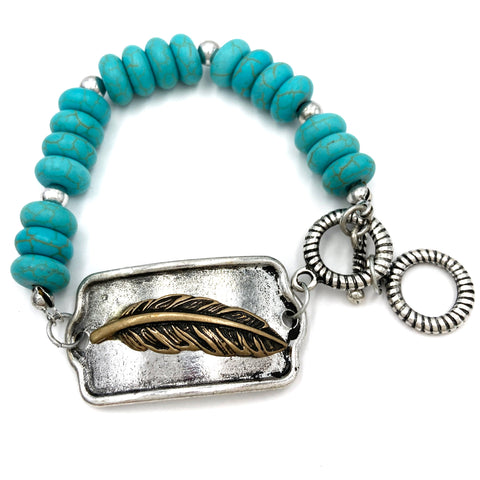 Turquoise Beads Feather Plate Stretch Bracelet