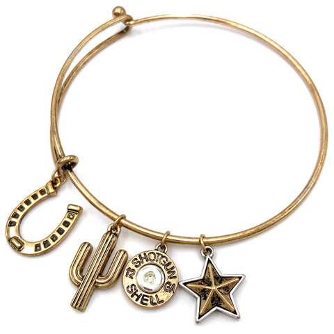 Gold Western Bangle Horseshoe Cactus Star Charms Bracelet