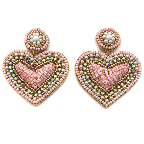 Heart Seed Bead Post Dangle Earrings