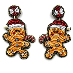 Christmas Gingerbread Man Seed Bead Dangle Earrings