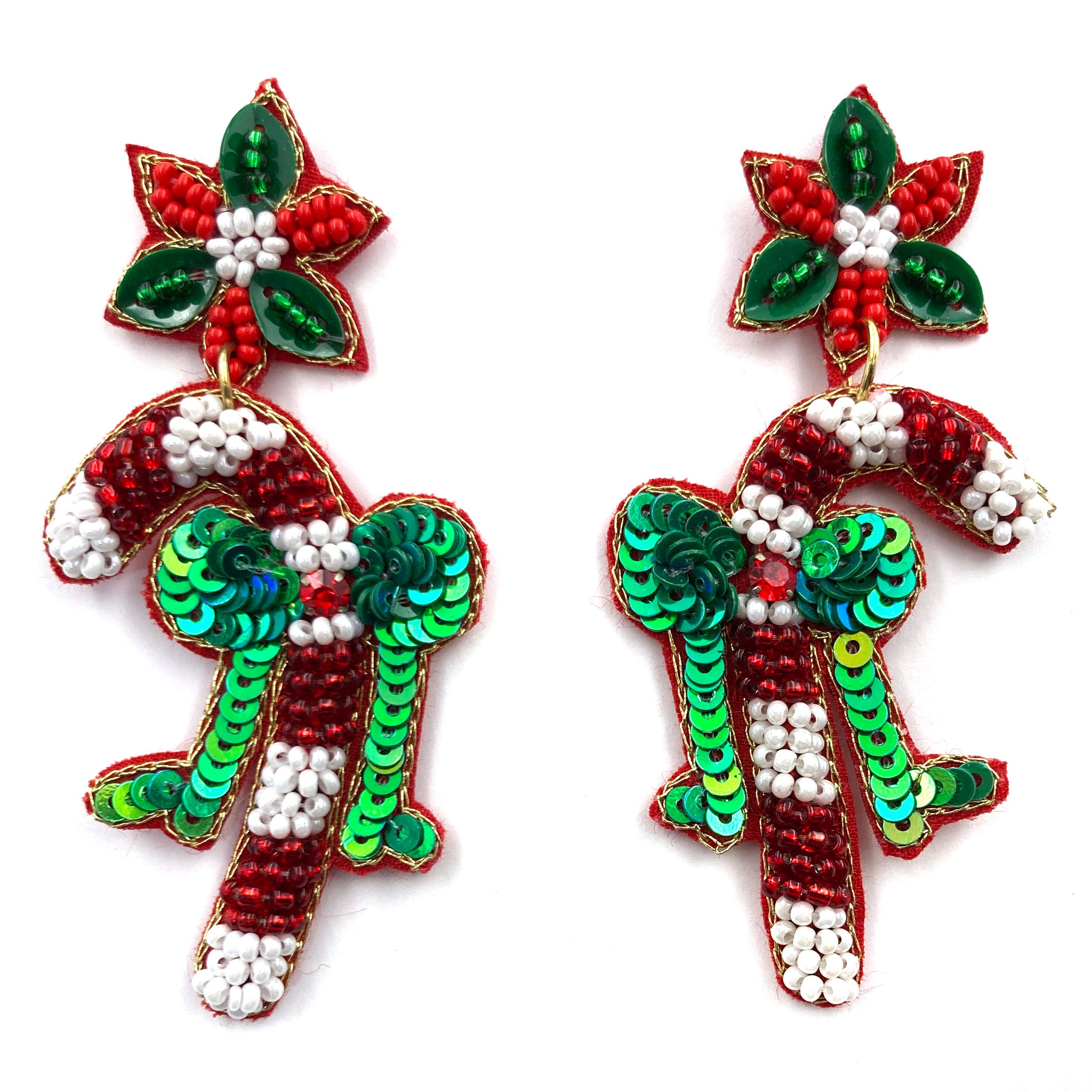 Christmas Candy Cane Ribbon Seed Bead Dangle Earrings