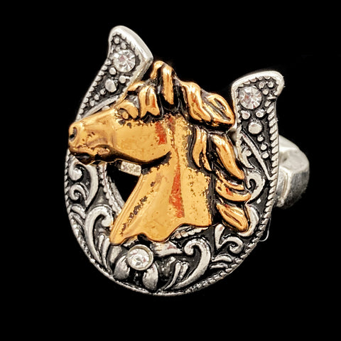 Western Horse on Filigree Rhinestone Horseshoe Stretch Ring