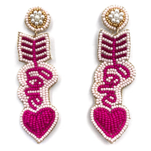 Red White Maroon and Gold Love Text with Heart Arrow Seed Bead Dangle Earrings