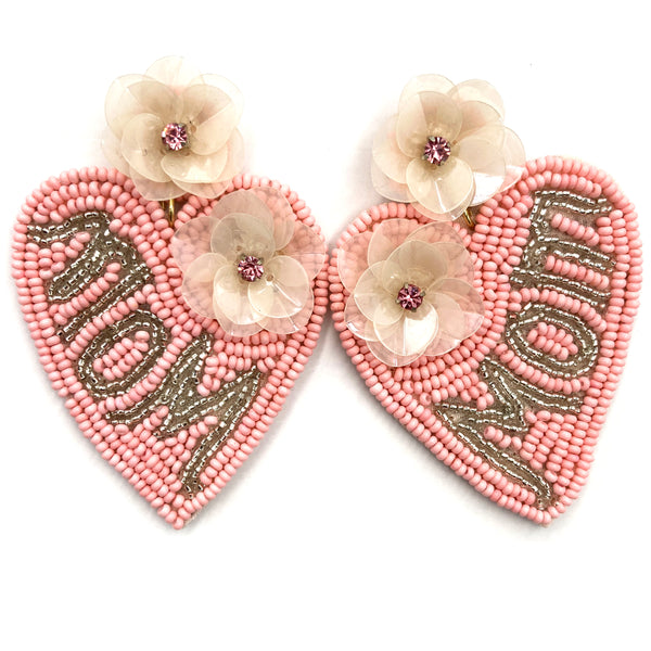 Heart Mom Flower Seed Bead Post Dangle Earrings