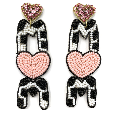 MOM Cow Print Heart Seed Bead Post Dangle Earrings