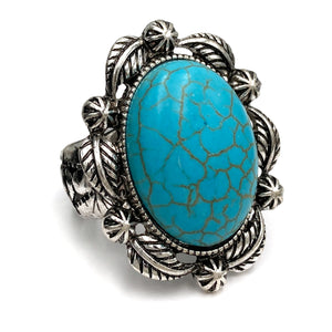 Large Turquoise Oval Stone Leaf Western Stretch Ring