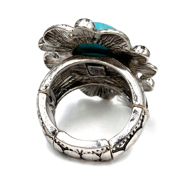 Large Turquoise Oval Stone Leaf Western Stretch Ring