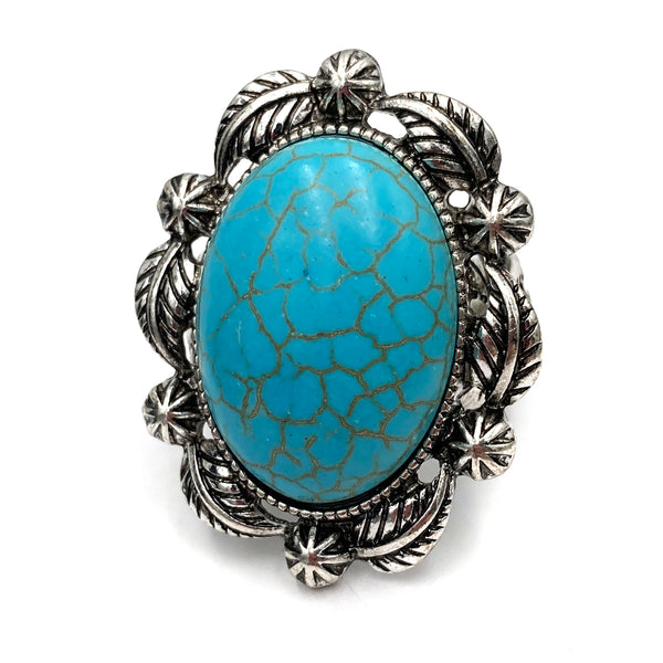 Large Turquoise Oval Stone Leaf Western Stretch Ring