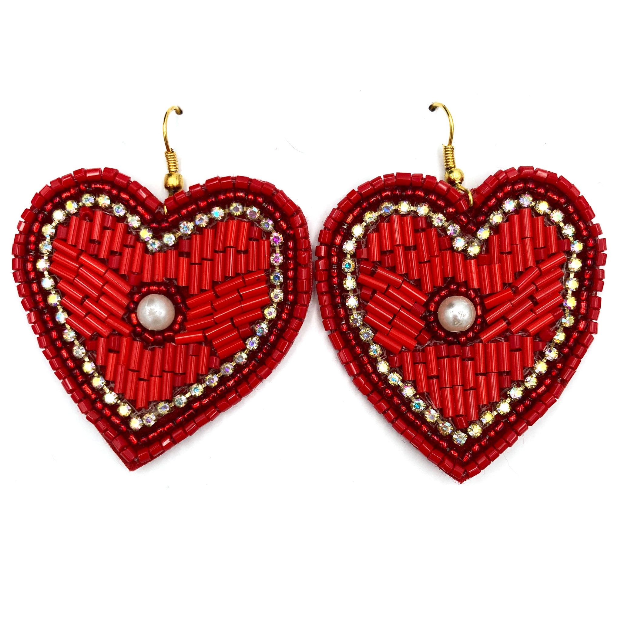 Valentine Heart Pearl Bugle Seed Bead Post Dangle Earrings