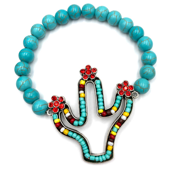 Cactus Succulent Seed Bead Flower Southwestern Bohemian Stretch Bracelet