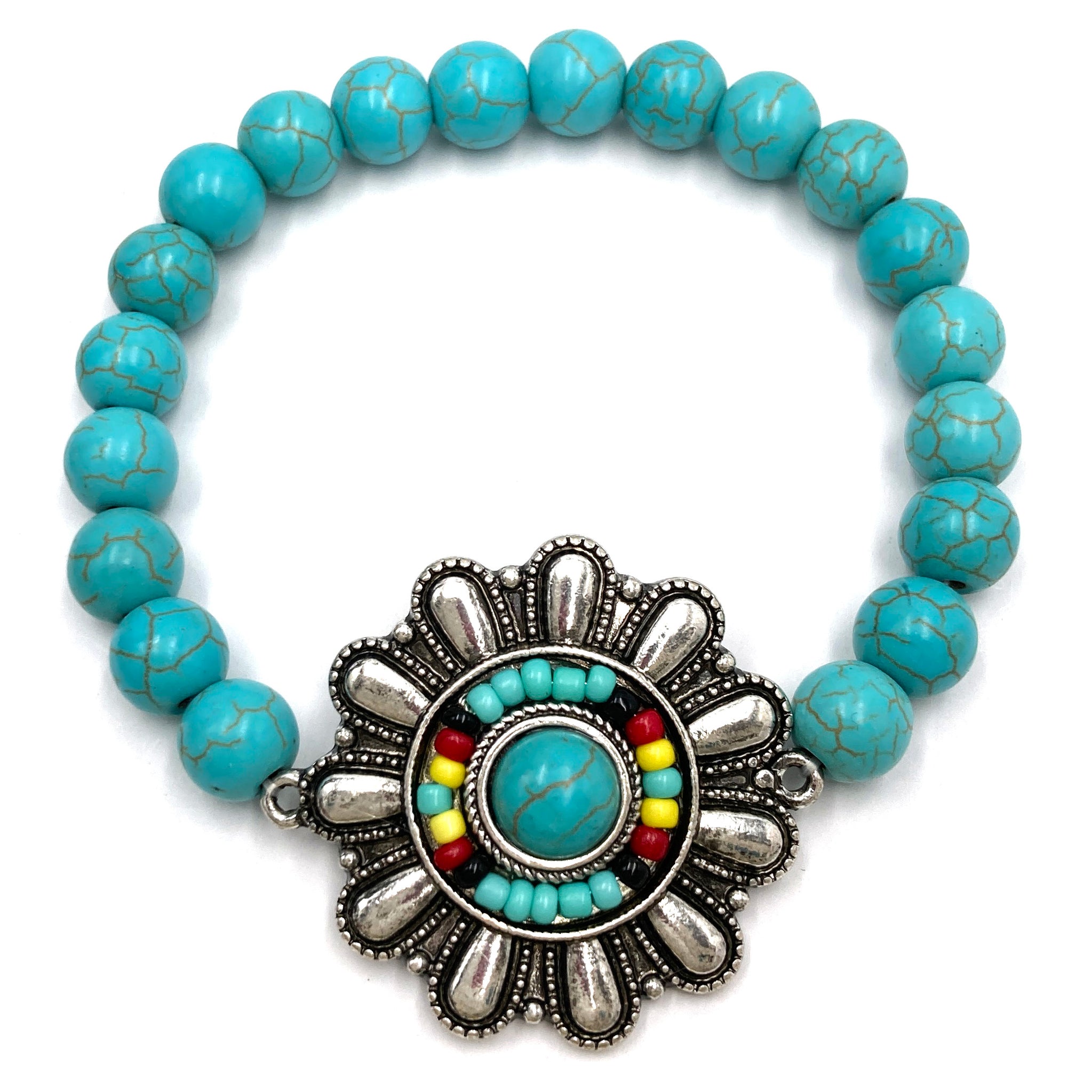 Flower Concho Seed Bead Southwestern Bohemian Stretch Bracelet