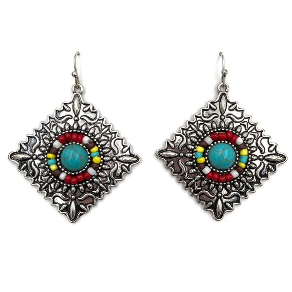 Square Concho Seed Bead Southwestern Bohemian Earrings