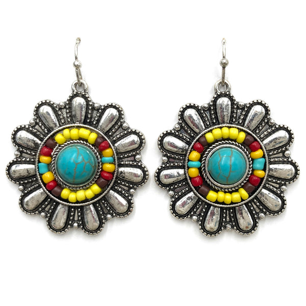 Flower Concho Seed Bead Southwestern Bohemian Earrings