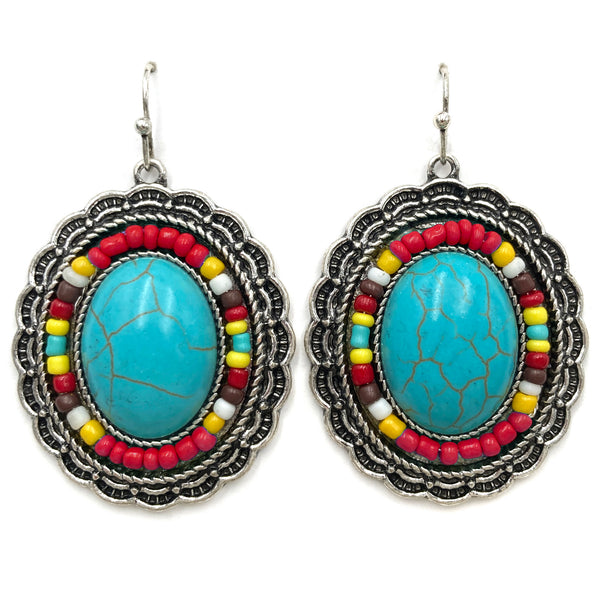 Turquoise Concho Seed Bead Southwestern Bohemian Earrings