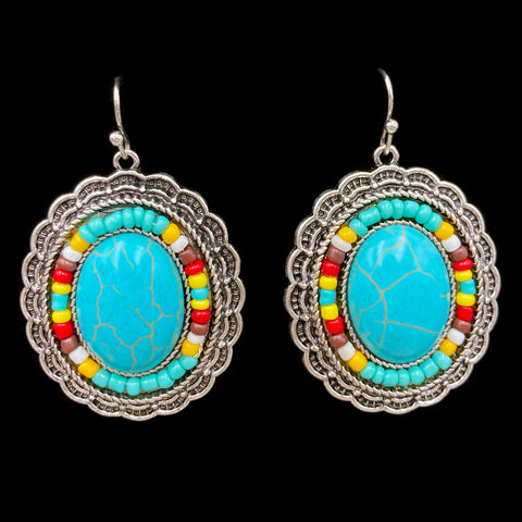 Turquoise Concho Seed Bead Southwestern Bohemian Earrings