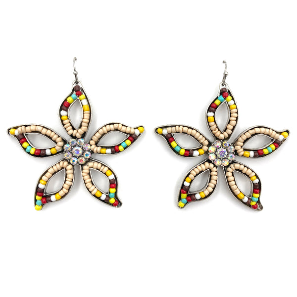 Large Flower Outline Rhinestone Seed Bead Earrings